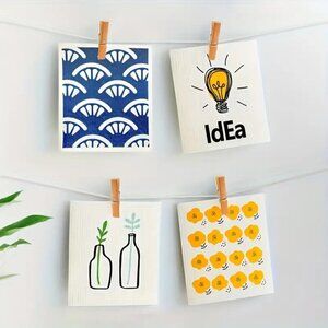 NEW Set of 4 Swedish Dishcloths - Modern Design, Lightbulb, Plants - Reusable